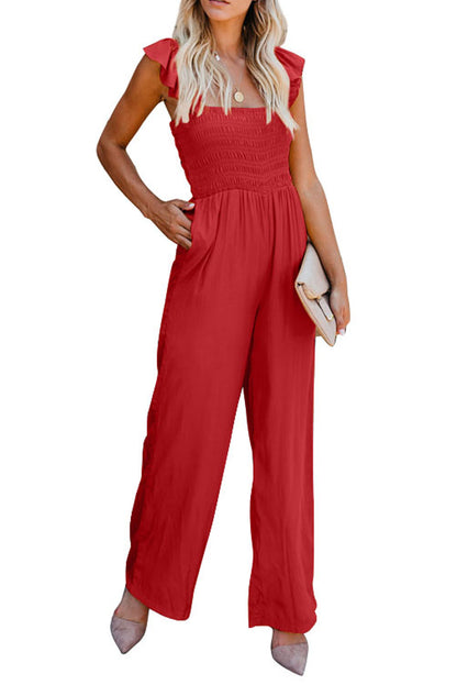 Red Smocked Ruffle Strap Pocket Wide Leg Jumpsuit