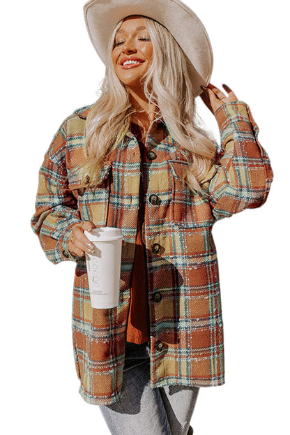 Dark Red Plaid Oversized Flap Pockets Shacket with Slits