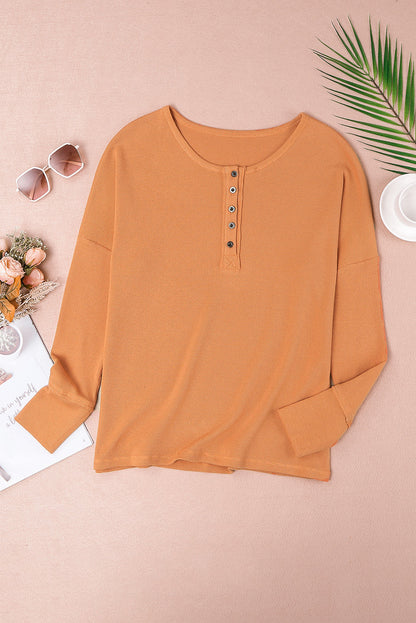 Orange Casual Waffle Button Front Knit Henley Top