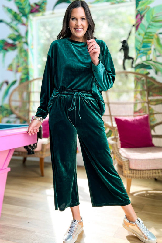 Blackish Green Velvet Long Sleeve Top & Wide Leg Pants Set