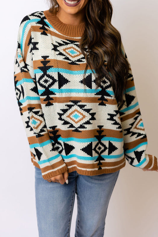 Brown Geometric Striped Knit Ribbed Trim Sweater