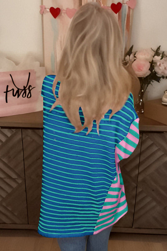 Blue Stripe Patchwork Slits Baggy T Shirt