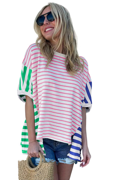 Blue Stripe Patchwork Slits Baggy T Shirt