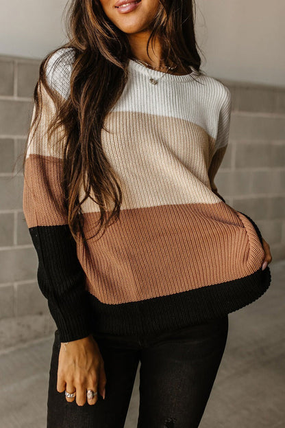 Red Color Block Casual Knit Pullover Sweater