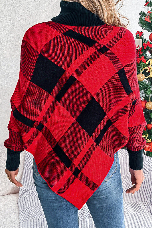 Racing Red Plaid Batwing Sleeve Turtle Neck Sweater