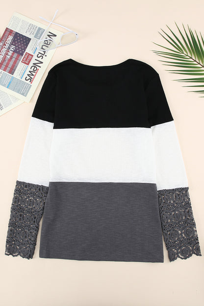 Color Block Ribbed Lace Crochet Sleeves Henley Shirt for Women