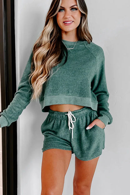 Green Fleece Cropped Pullover & Shorts Two Piece Shorts Set