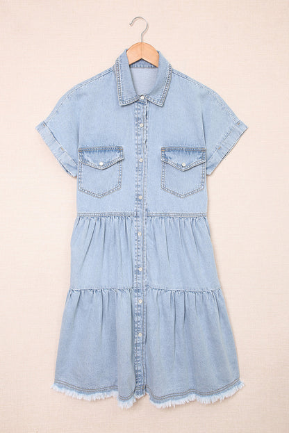 Gray Button Up Short Sleeve Denim Shirt Dress