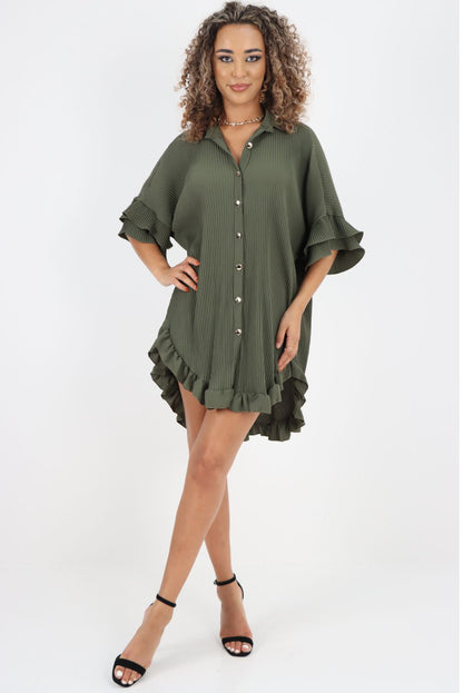 Moss Green Pleated Ruffle Sleeve Oversized Shirt Dress