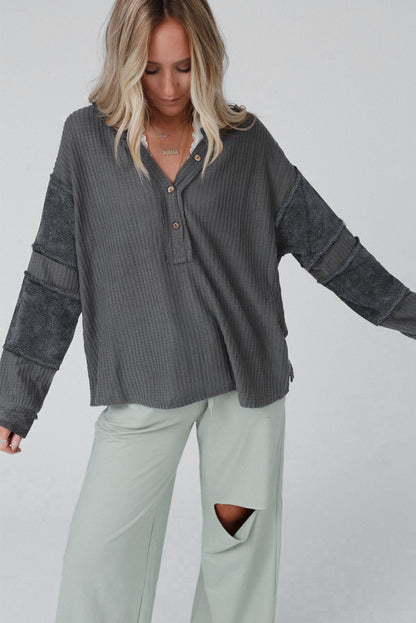 Gray Contrast Patched V Neck Waffle Knit Henley Top