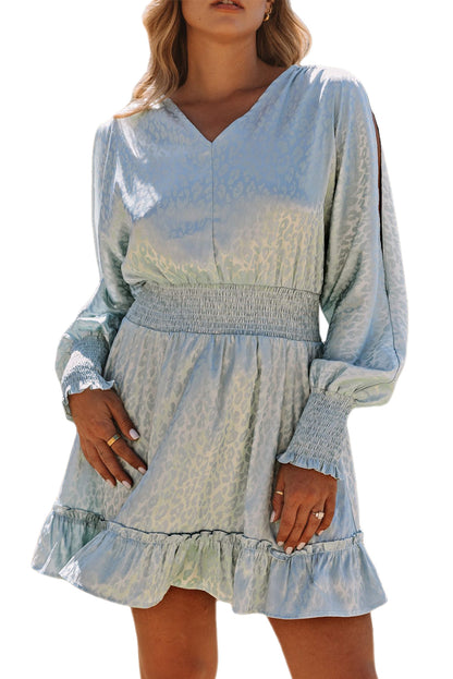 Split Sleeves Smocked Waist Leopard Satin Dress