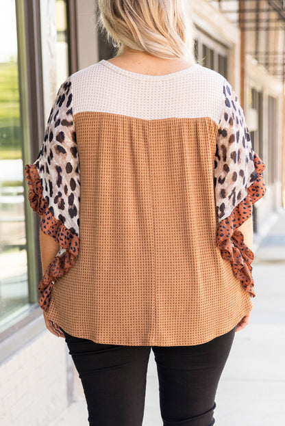 Black Rib Knit Animal Print Ruffle Sleeves Plus Size Top