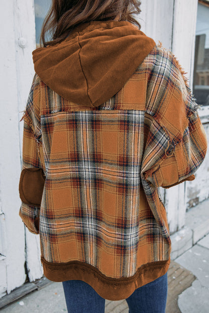 Orange Plaid Patchwork Frayed Trim Snap Button Hooded Jacket