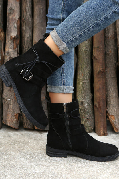 Black Faux Suede Zip Up Buckle Straps Ankle Boots