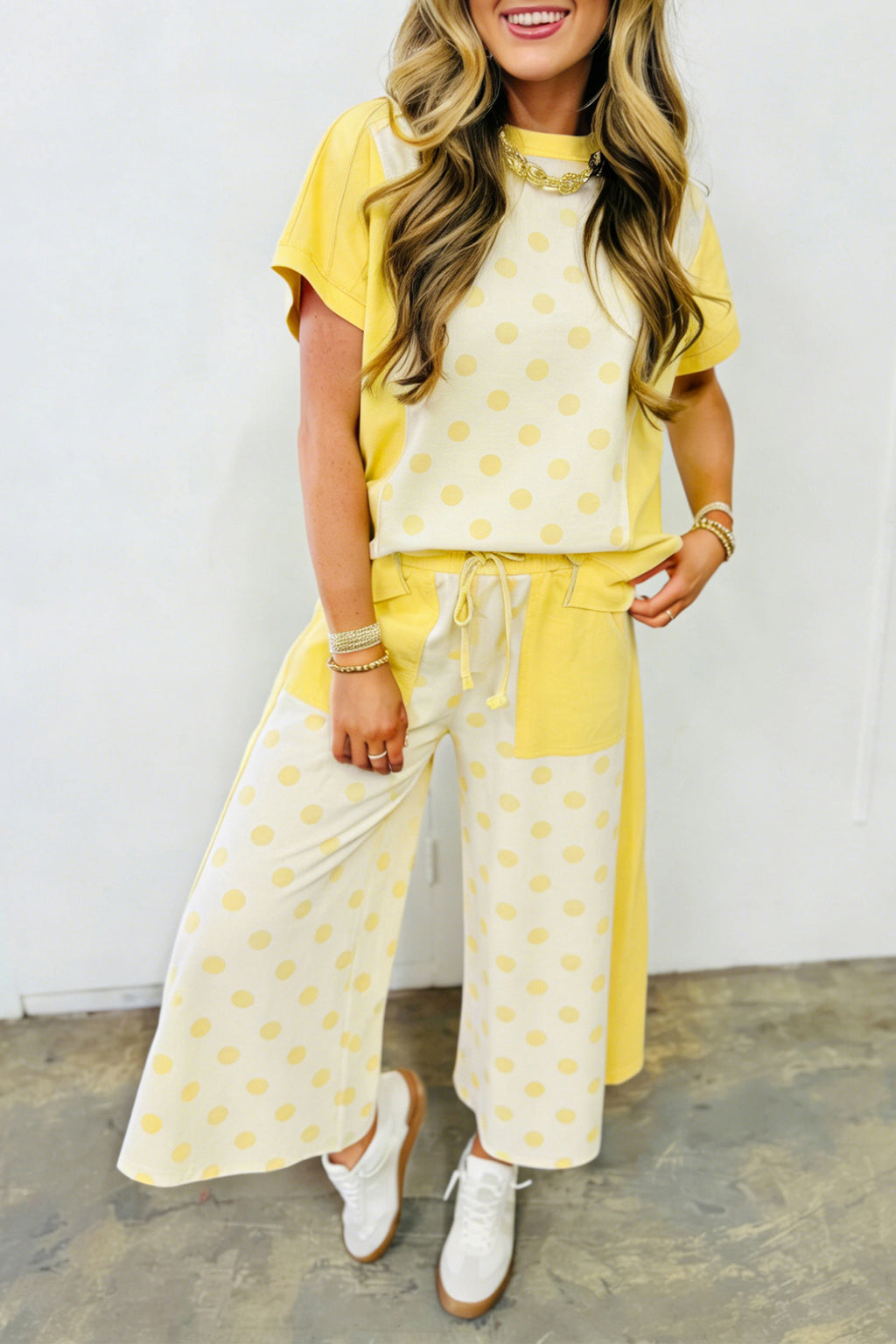 Green Color Block Patchwork Polka Dot Wide Leg Pant Set