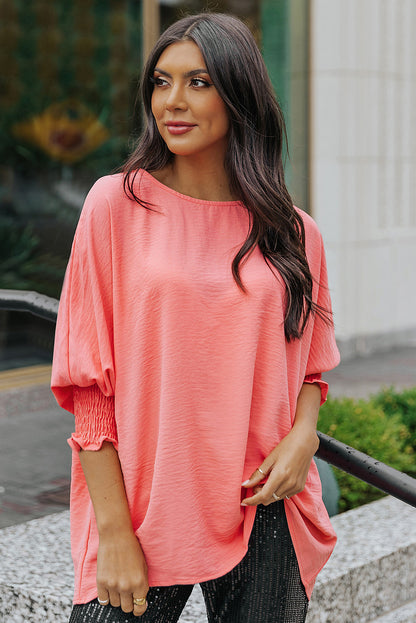 Rosy Solid Casual Smocked Cuffs Top