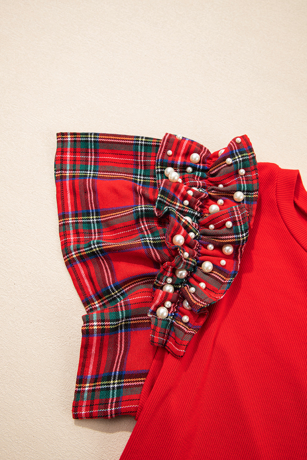 Racing Red Pearl Plaid Ruffle Sleeve Loose T Shirt