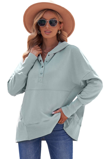 Light Blue Casual Batwing Sleeve Pocket Henley Hoodie