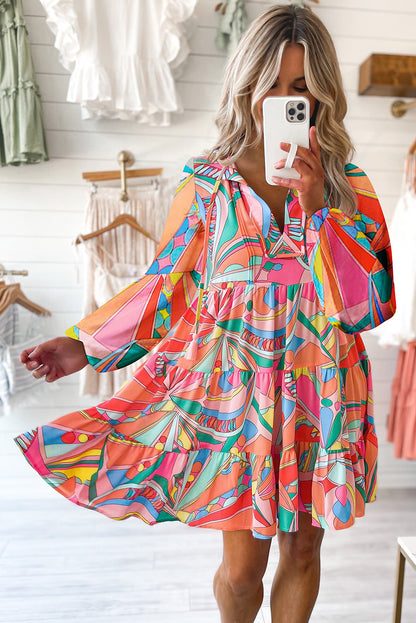 Multicolor Geometric Abstract Print Long Sleeve Shirt Dress