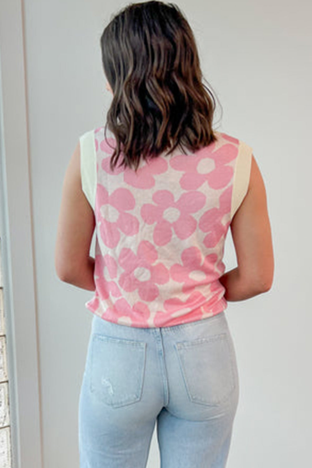 Pink Floral V-Neck Contrast Trim Knitted Vest