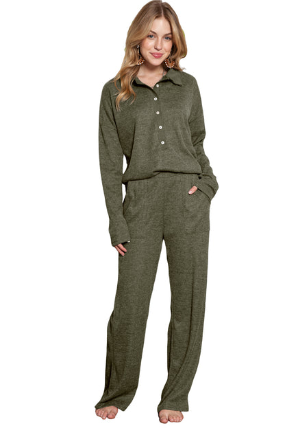 Brown Ribbed Henley Shirt and Wide Leg Pants Loungewear Set