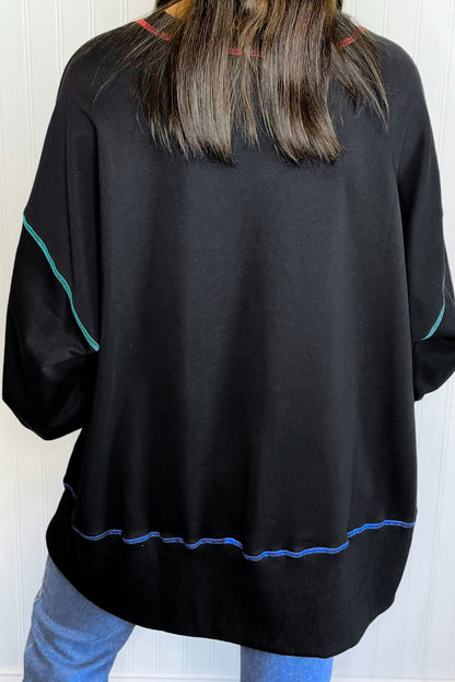 Black Contrast Stitching Split Oversized Sweatshirt