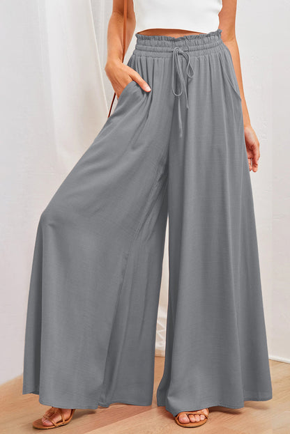 Gray Drawstring Smocked High Waist Wide Leg Pants