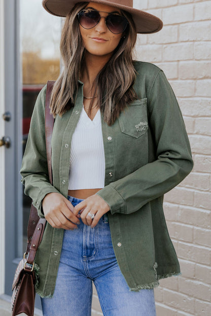 Light Blue Ripped Raw Hem Casual Button Up Denim Jacket