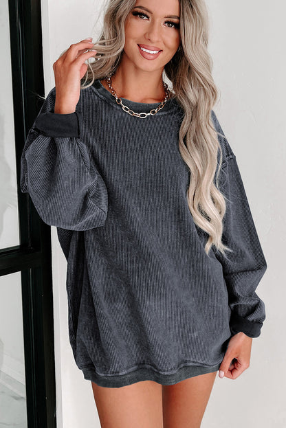 Plain Gray Solid Ribbed Knit Round Neck Pullover Sweatshirt