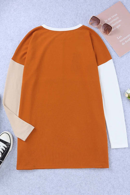 Orange Colorblock Casual Seam Pocket Loose Top