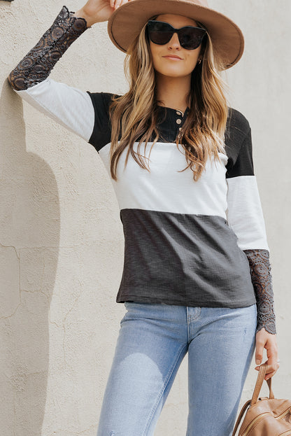 Color Block Ribbed Lace Crochet Sleeves Henley Shirt for Women