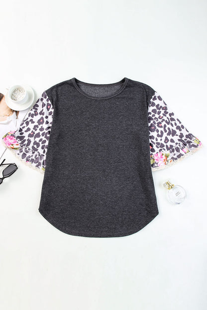 Black Ruffle Leopard Patchwork Sleeves Casual Summer Top