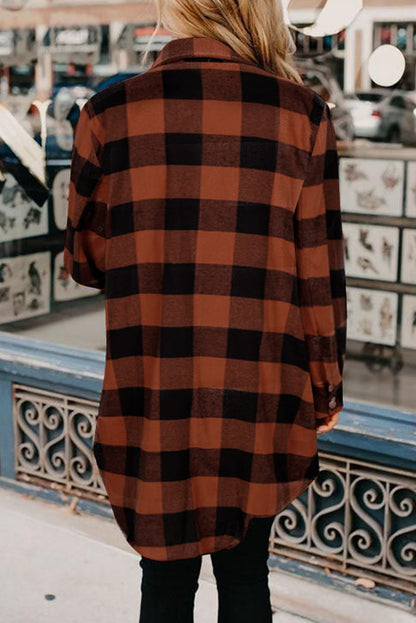 Brown & Black Plaid Collared Botton Down Long Shirt Shacket