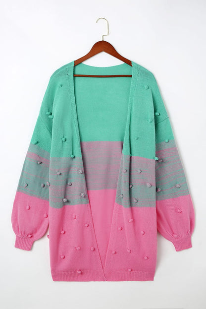 Rose Pompom Color Block Knit Open Front Cardigan