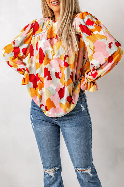 Multicolor Abstract Print Boho Ruffle Long Sleeve Blouse