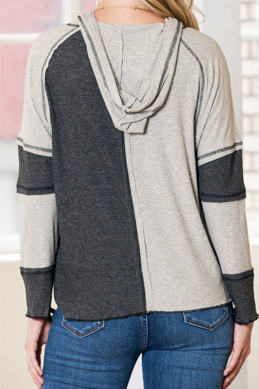 Gray Exposed Seam Ribbed Henley Hooded Long Sleeve Top