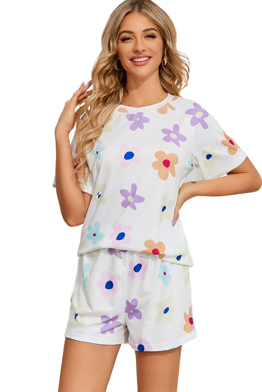 White Flower Print Short Sleeve High Waist Two Piece Shorts Set