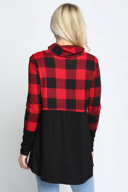 Plaid Solid Contrast Long Sleeve Turtle Neck Top