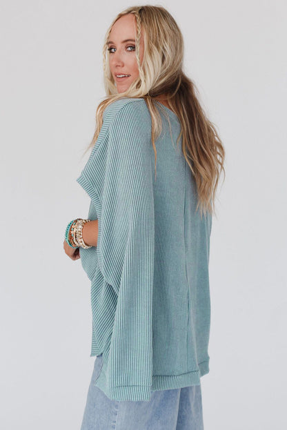 Sky Blue Plain Ribbed Knit Batwing Sleeve Tunic Oversized T Shirt