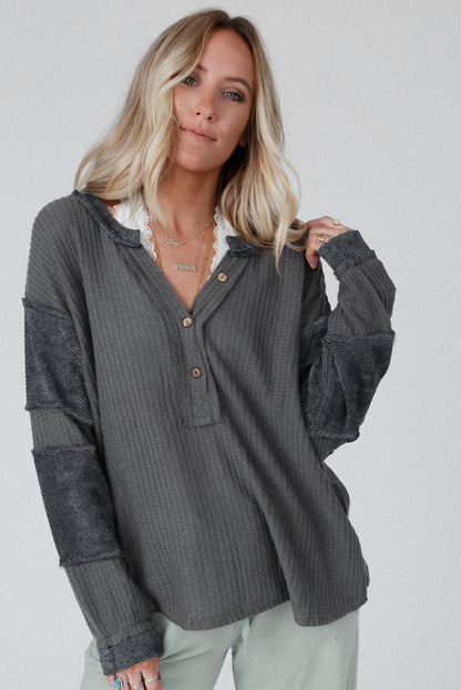 Gray Contrast Patched V Neck Waffle Knit Henley Top