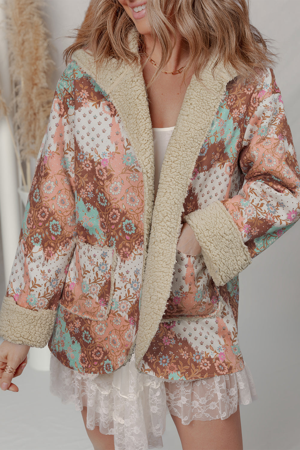 Khaki Vintage Paisley Floral Printed Sherpa Lined Hooded Jacket