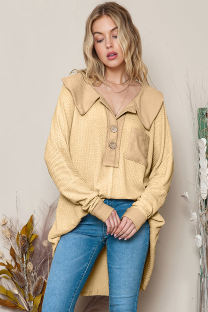 Apricot Waffle Pocket Seam Patchwork Loose Knit Top