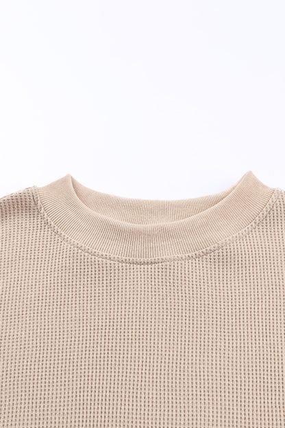 Pink Waffle Knit Crew Neck Casual Long Sleeve Top