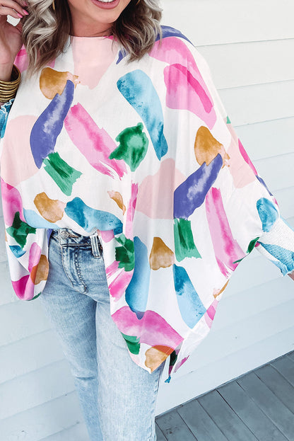 Multicolor Abstract Print Shirred Dolman Sleeve Oversized Blouse