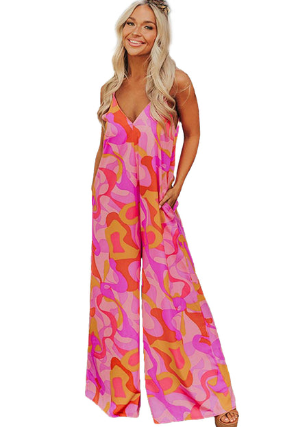 Pink Abstract Print V Neck Slouchy Wide Leg Jumpsuit