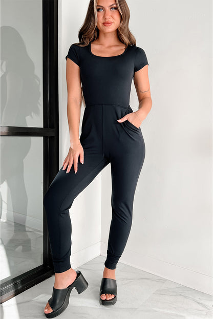 Black Short Sleeve Pocketed Athleisure Jogger Jumpsuit