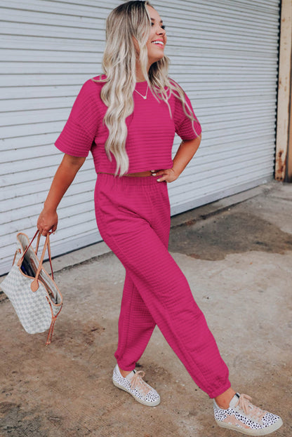 Rose Red Textured Cropped Tee and Jogger Pants Set