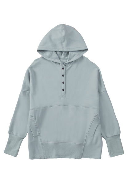 Light Blue Casual Batwing Sleeve Pocket Henley Hoodie