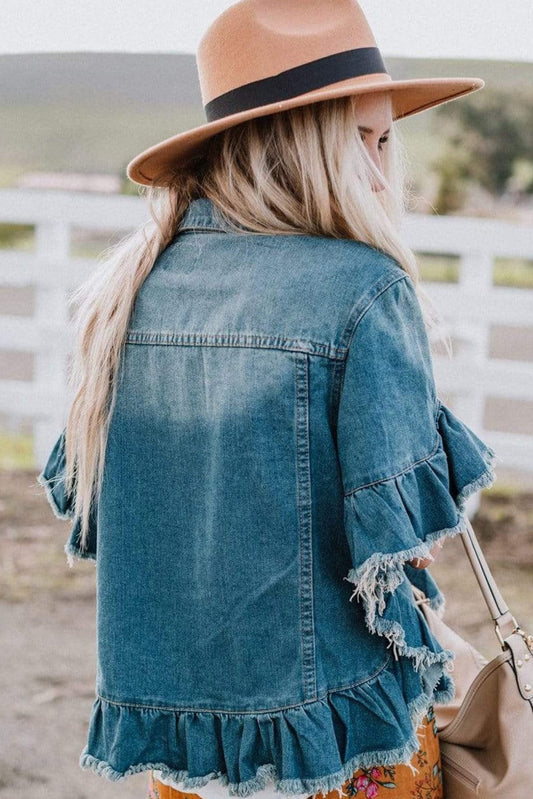 Peacock Blue Raw Edge Bell Short Sleeve Denim Jacket