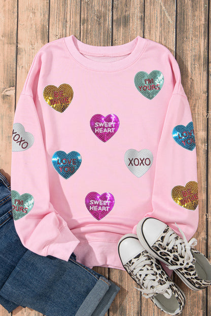 Pink Sequin Romantic Sweet Heart Graphic Valentines Sweatshirt